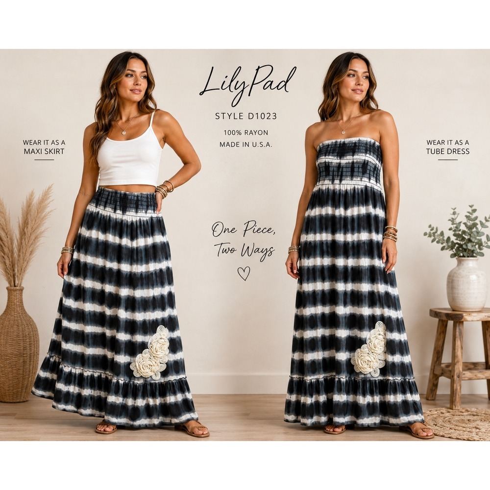 LilyPad Tie Dye Convertible Maxi Skirt‎ Tube Dress Large Black White Floral